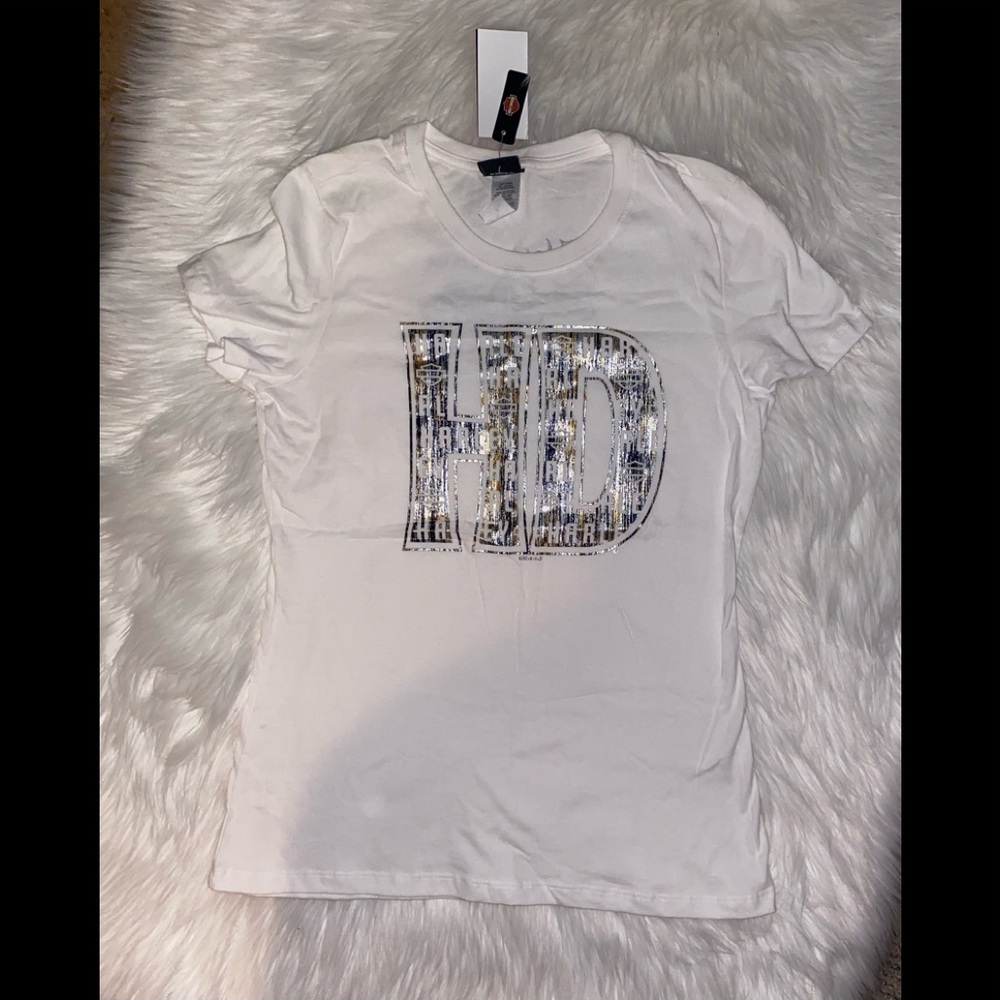 NWT Ladies white foil print short sleeve tee- S